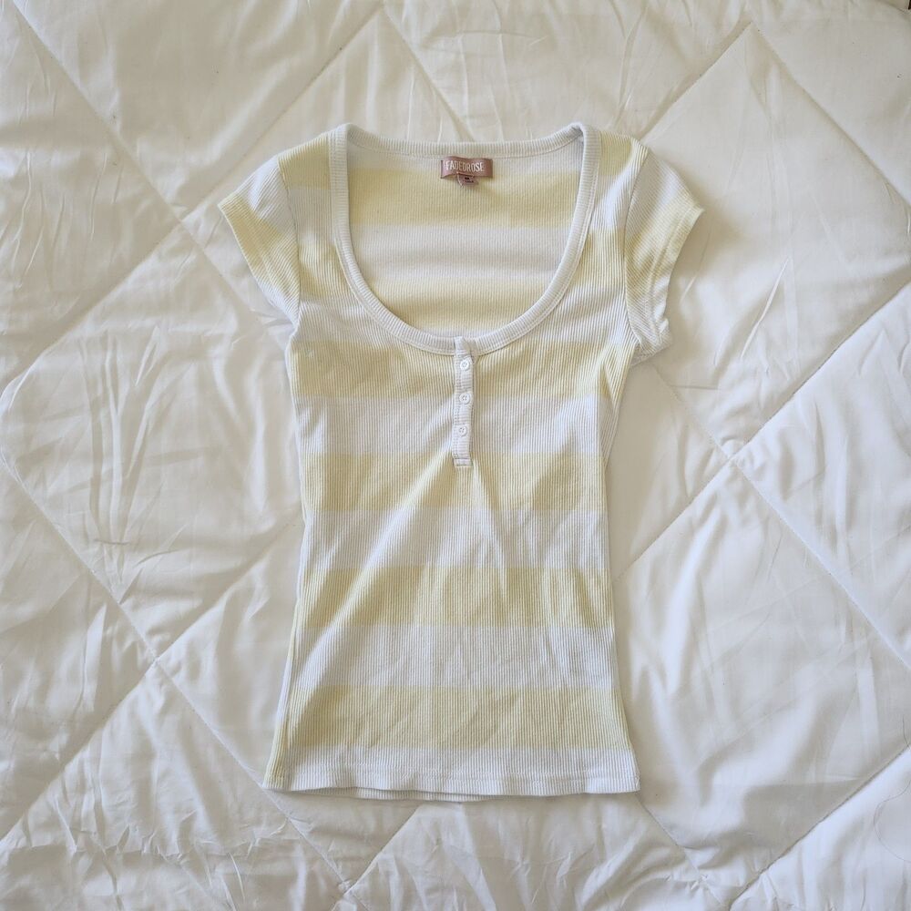 Fadedrose White/Yellow Striped Henley Tee Size XS